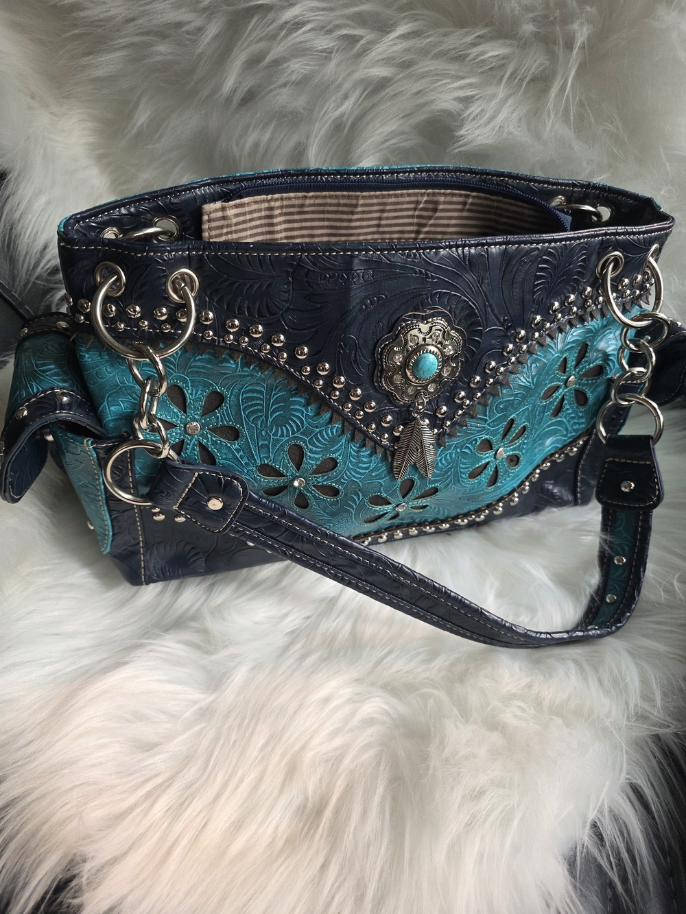 Turquoise & Black Floral Tooled Shoulder Bag